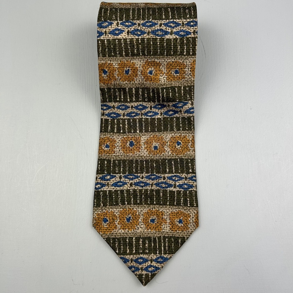 Robert Stock Mens Silk Tie Geometric Floral Olive Green Mustard Yellow Blue USA